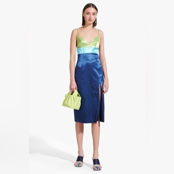 STAUD Ellis Colorblock Satin Blue and Green Slip Dress Size US12 NWT - Picture 1 of 11